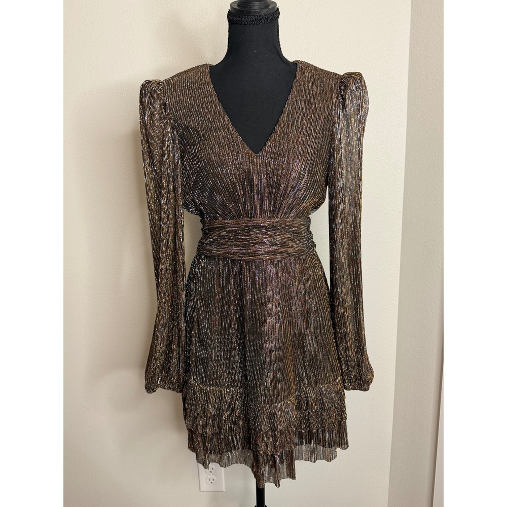 Floret Studios Metallic Plisse Mini Dress Black Copper Silver Open Back Small